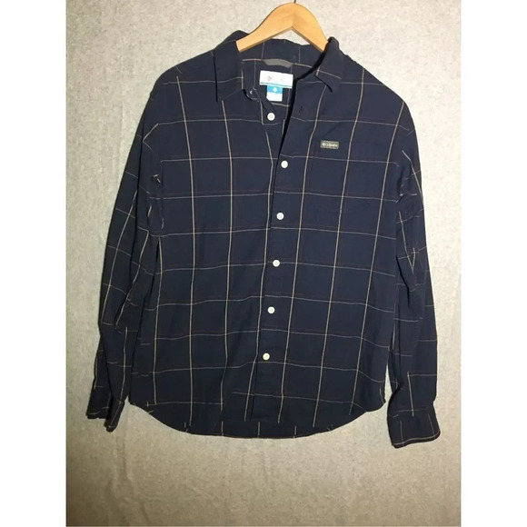 Mens Columbia Button Down Shirt Casual Formal Dark Navy Blue Plaid - Picture 1 of 5
